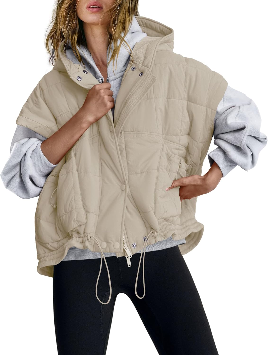 Yanekop Cropped Puffer Vest Women Lightweight Quilted Jacket Oversized Poncho Stand Collar Full Zip Sleeveless Coat