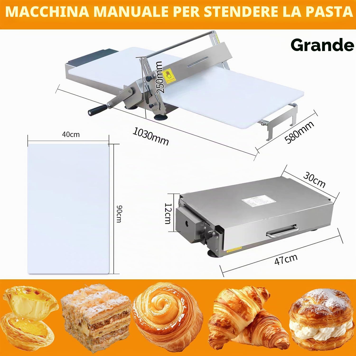 Sfogliatrice Manuale Pieghevole in Acciaio Inox 304, Macchina per Stendere la Pasta con Spessore Regolabile 2–25 mm, Laminatrice per Pasticceria e Cucina Large
