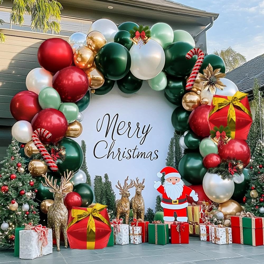 Christmas Balloon Arch Kit Double Stuffed Dark Green Red Gold Balloons | Pearl White Emerald Green Burgundy Balloon Garland for World Cup Soccers Birthday Graduation Christmas Party Decorations