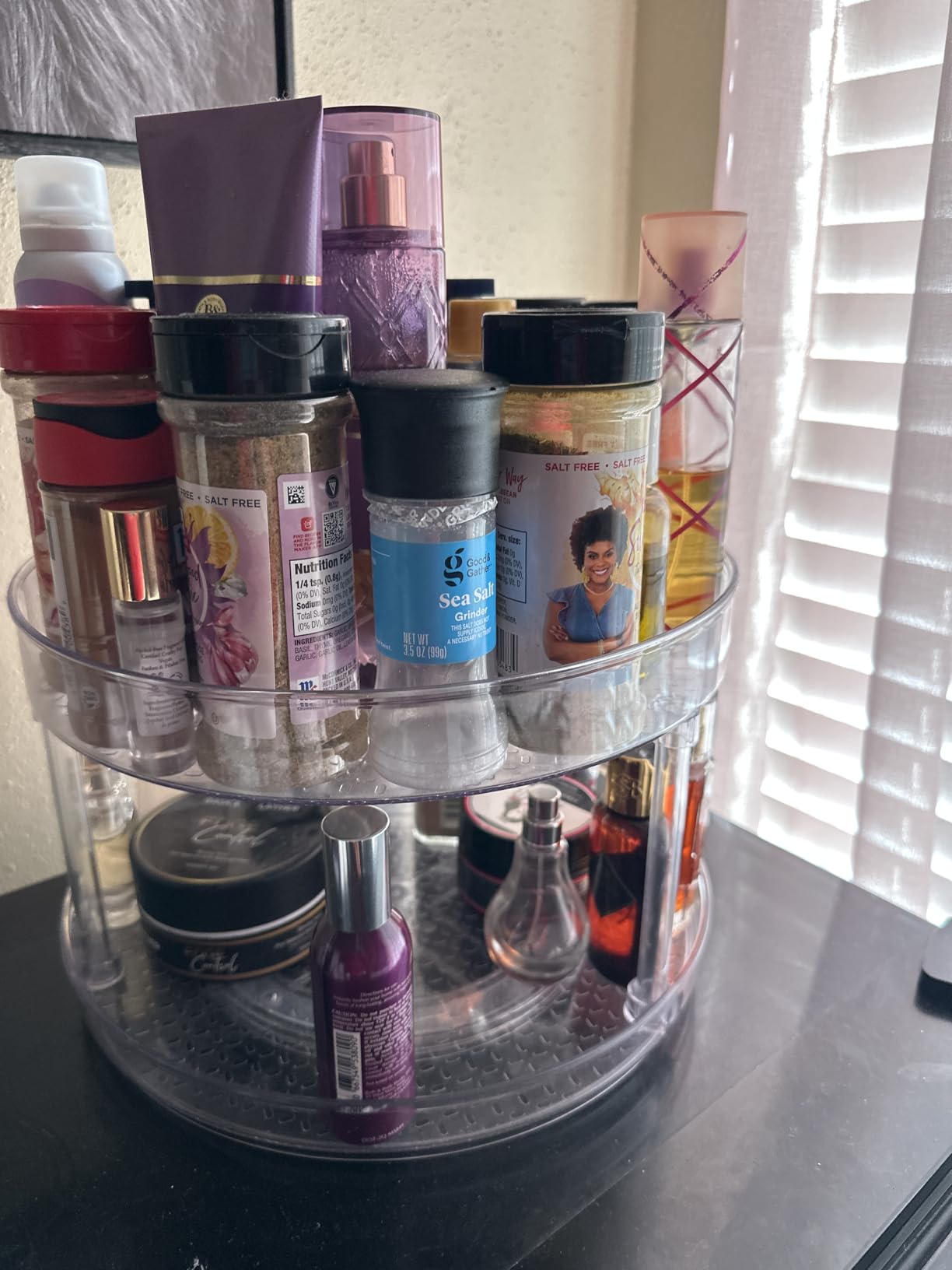 Adoco 2 Tier Diamond Lazy Susan Bathroom Organizer Countertop, Clear 360 Rotating Cosmetic Makeup Organizer for Vanity, Skincare Organizers Perfume Organizer for Counter - Organization and Storage -9.25INCH 6pcs