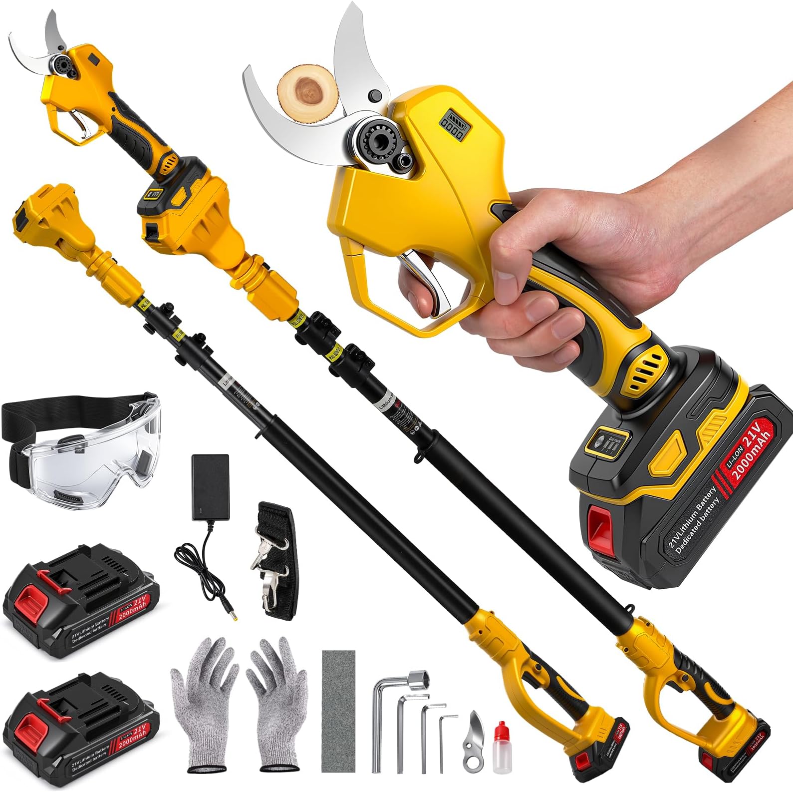 - 2-in-1 Cordless Electric Pruning Shears, 2.5" Cutting Diameter Electric Pruner, 15Ft Max Reach with 2x 21V 4000mAh Batteries, LCD Display, SK5 Blades for Tree Trimming, Branch Cutter (YELLOW)