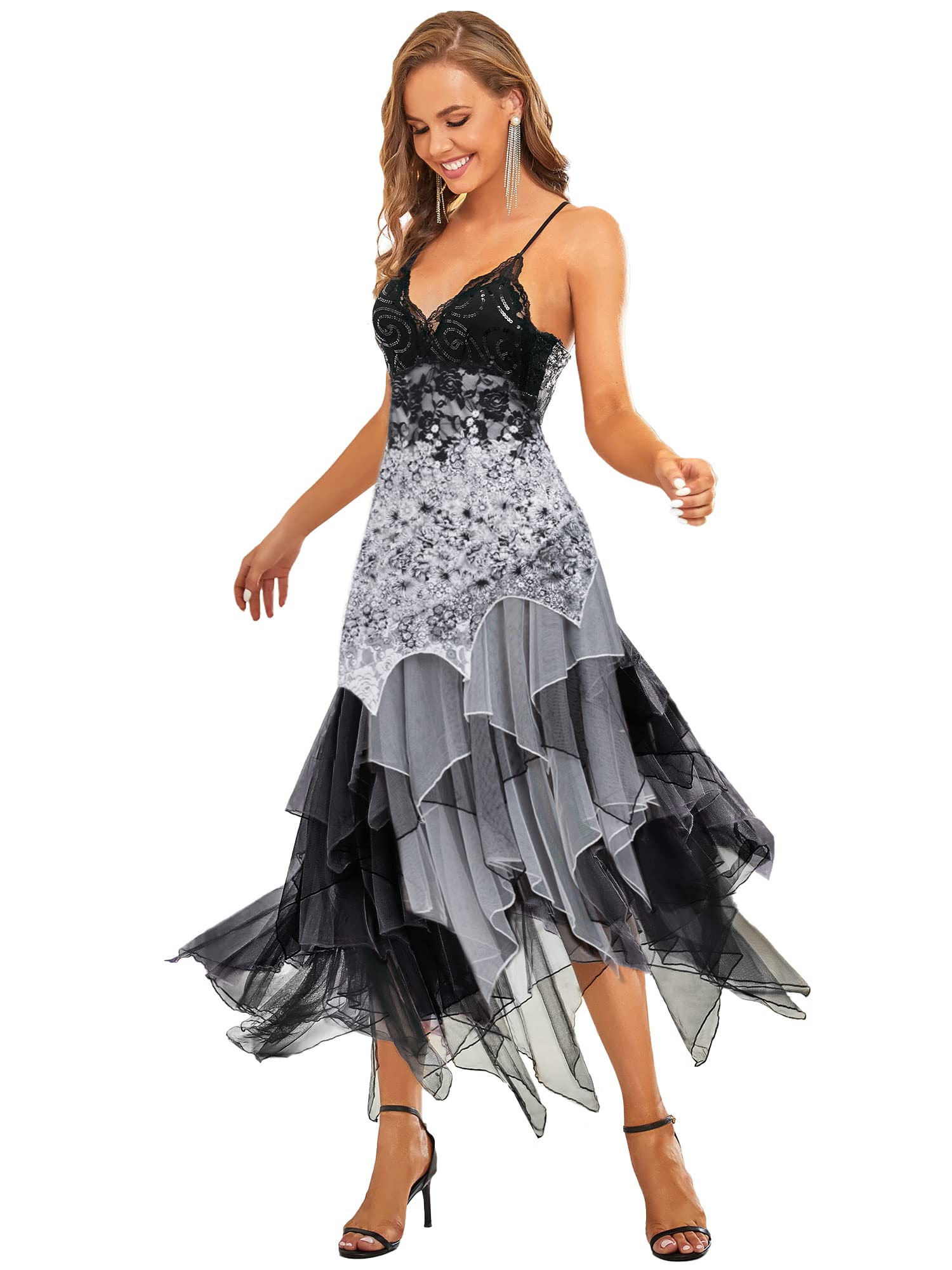 Ever-Pretty Asimétrico Vestido de Fiesta Largo para Mujer Elástico en Encaje Volantes Escote V Boda 6212PL