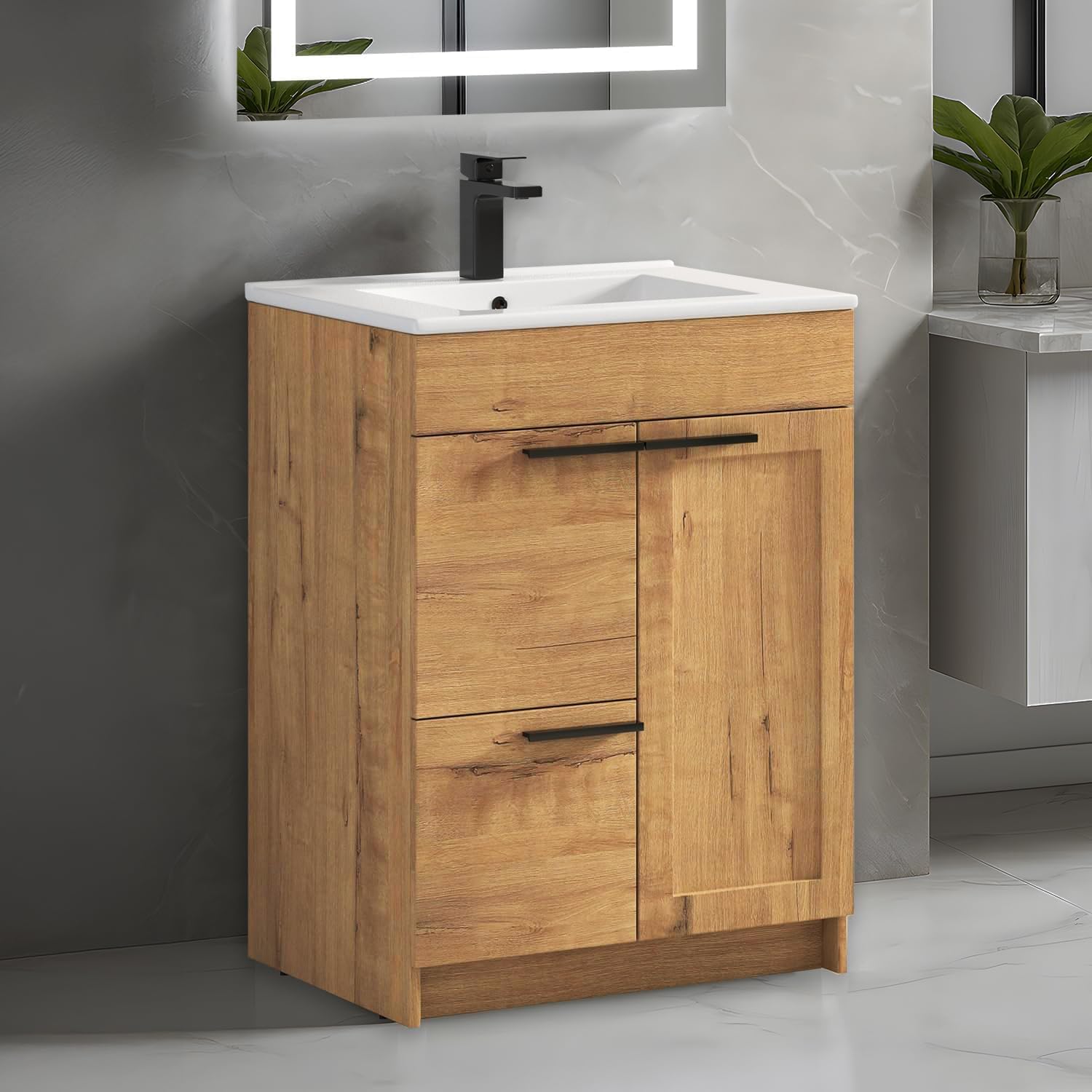 Blossom 24 Inch Bathroom Vanity with Sink – All Wood Freestanding Vanity with Topmount Sink, Soft Close Doors, Drawer - Bathroom Storage Cabinet with Basin (Classic Oak, 24" with Ceramic Sink)