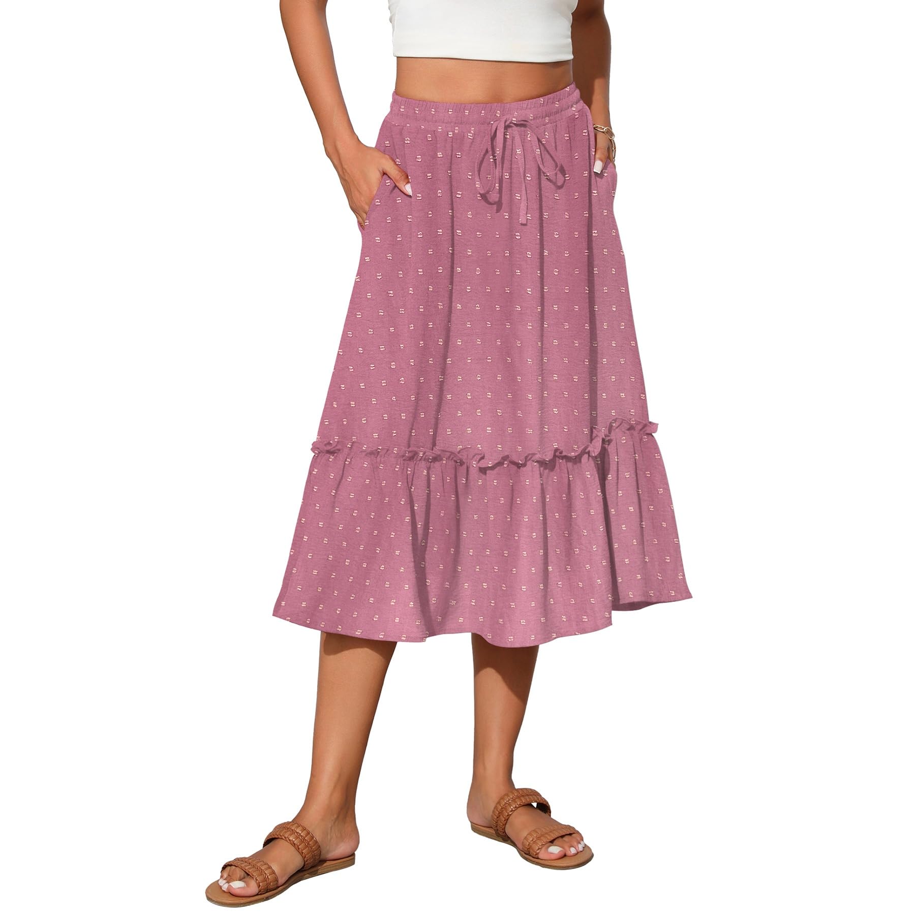 Witsmile Womens High Waist Tiered Midi Skirt Flowy Long Length with Pockets