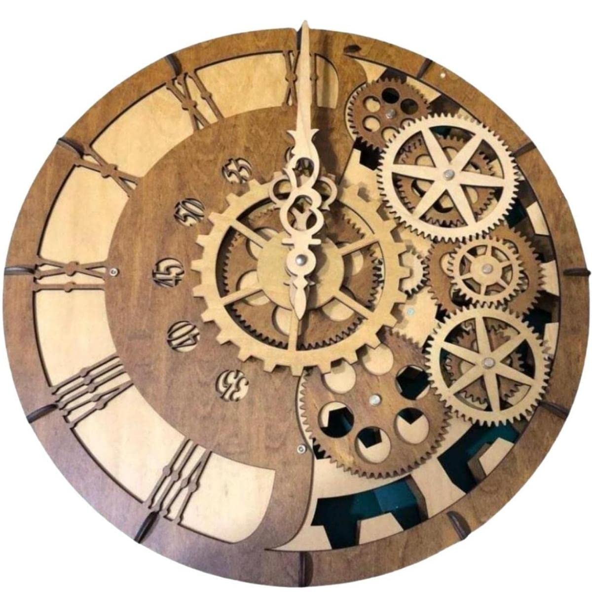 15" Inch Industrial Steampunk Rustic Farmhouse Vintage Wall Clock, Moving Gears Mechanical, Real Wood, 3D Minimalist Skeleton, Antique Roman & Arabic Numerals, Battery Powered