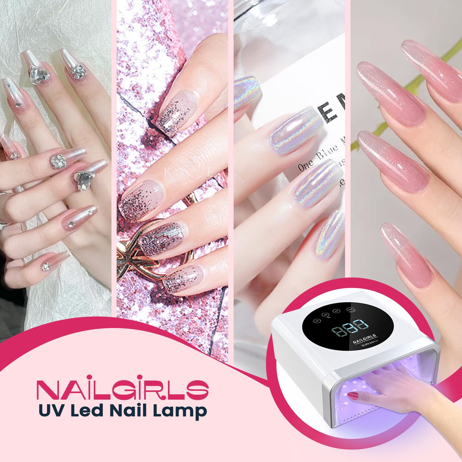 NAILGIRLS Lampes à Ongles LED, 150W Professionnelle pour Séchage Rapide des Gels, avec Capteur Automatique et Affichage LCD pour Usage Domestique et Salons d'Onicologie