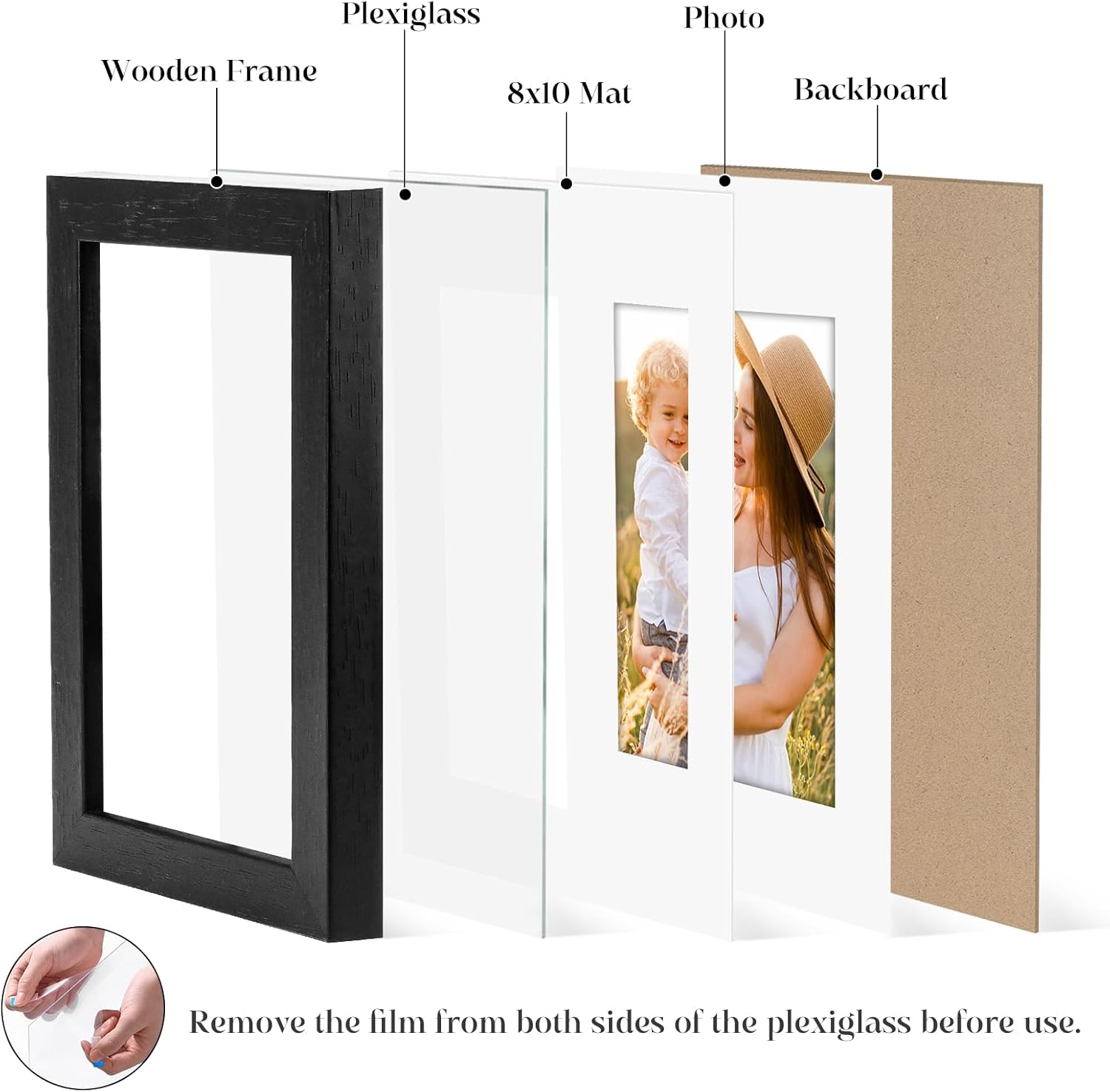 11x14 Picture Frame Set of 6 with Shatter-Resistant HD Plexiglass - Use as 8x10 Frame with Mat or Display 11x14 Photo Without Mat - Thin Border Picture Frames for Tabletop Display Black