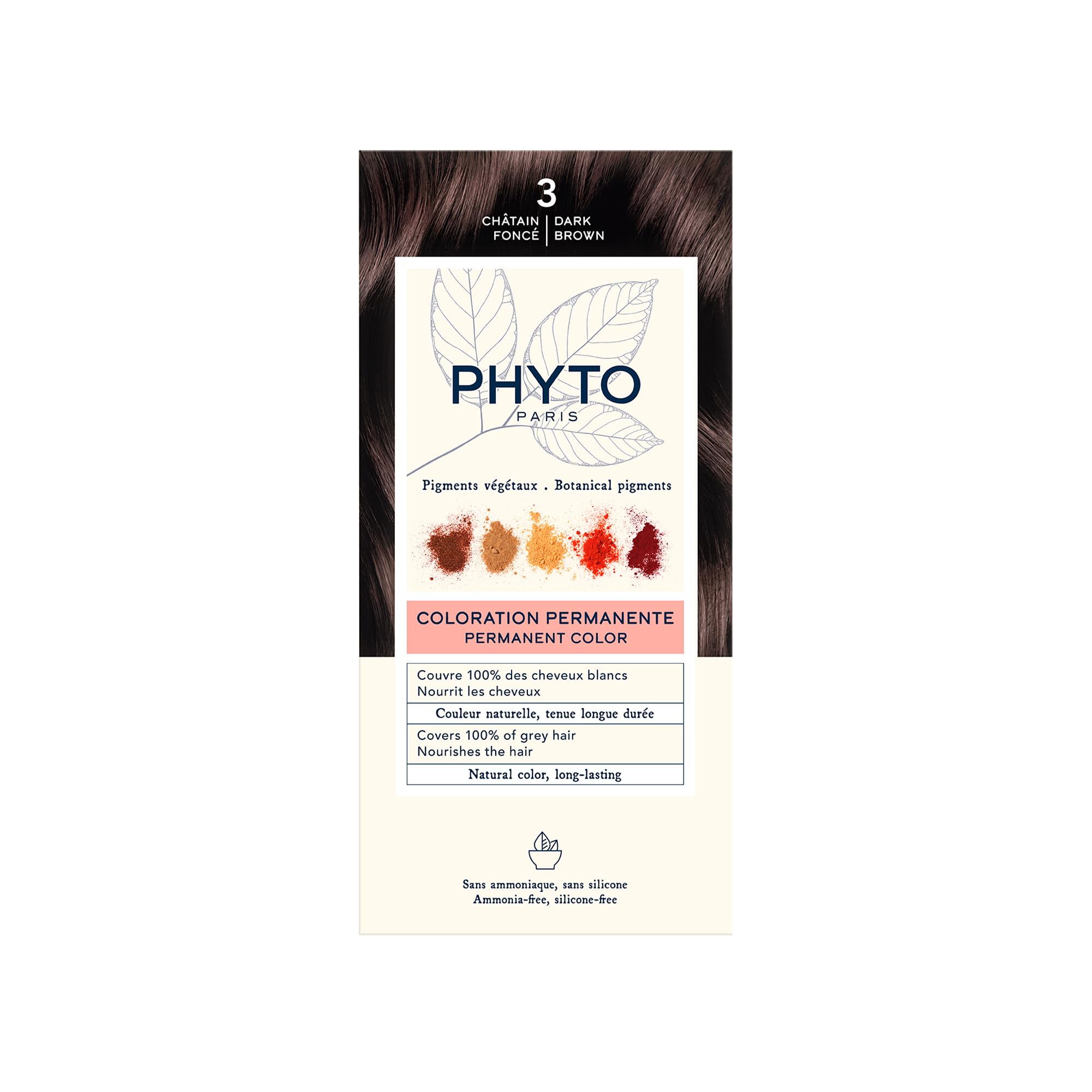 Phyto Paris – Coloration Permanente 3 Châtain Foncé – Couleur Intense, Naturelle et Lumineuse – Couvre les Cheveux Blancs – Enrichie en Pigments Végétaux – Kit Complet Usage Unique
