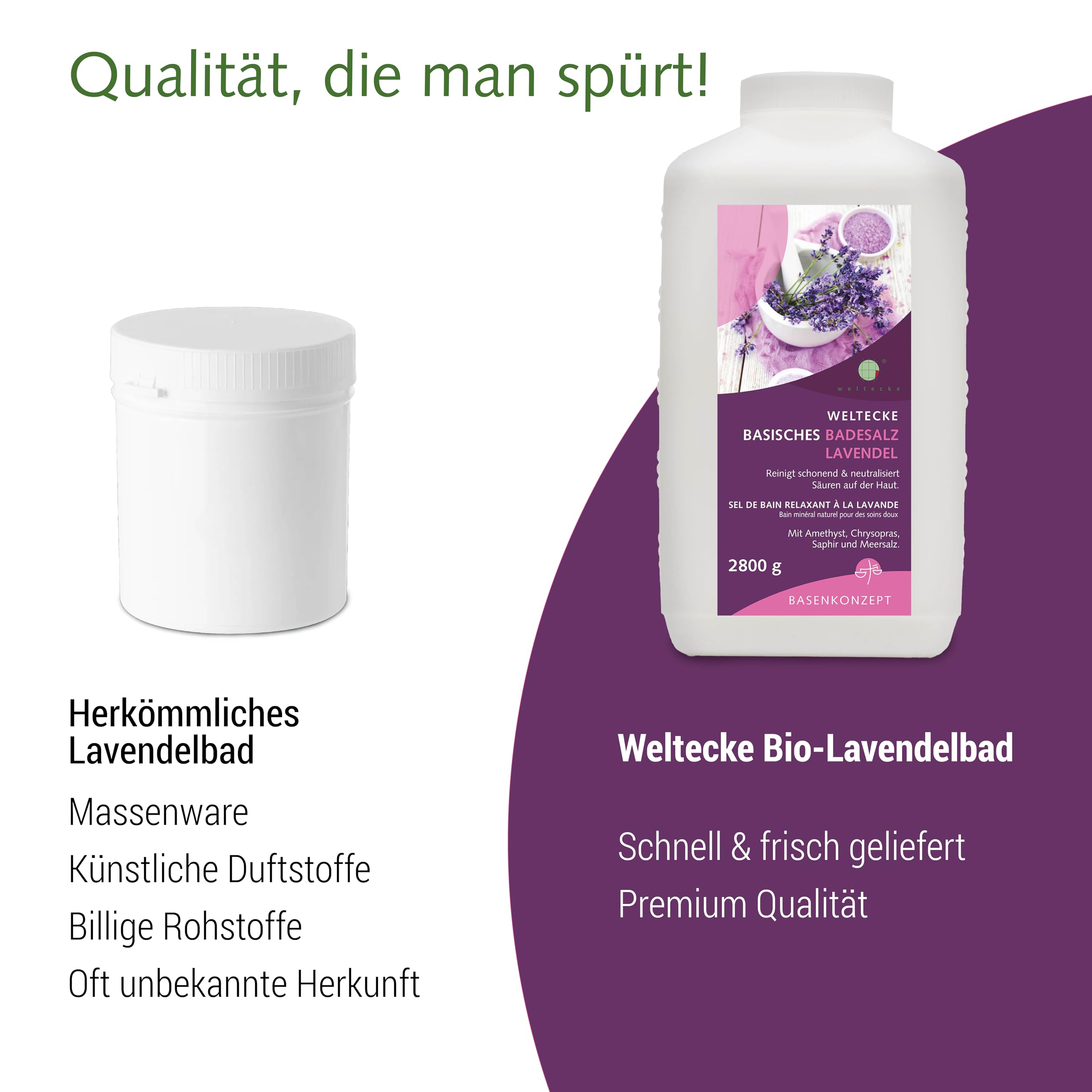 Weltecke Podstawowa sól do kąpieli lawendowa 2800 g | relaksująca kąpiel zasadowa o naturalnym zapachu lawendy | 100% wegańska | wellness dla skóry | wspomaga detoksykację i równowagę skóry | kąpiel