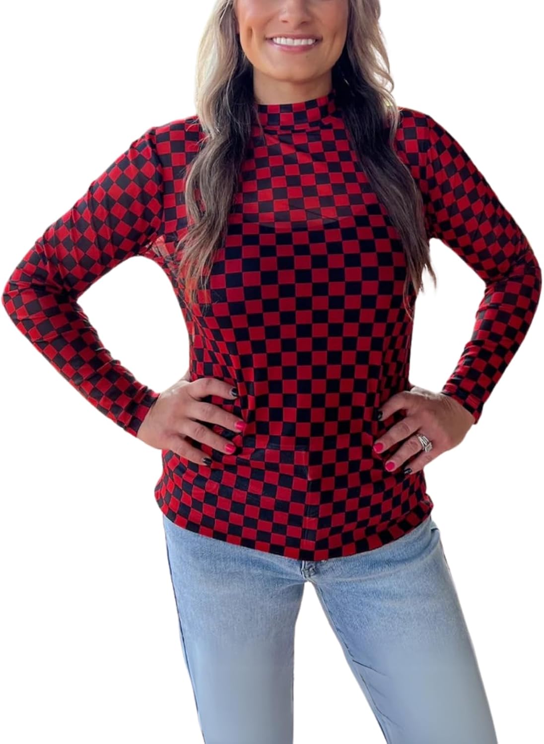 Womens Pep Rally Checkered Mesh Shirt Game Day Spirit Sheer Tshirt Mock Neck Long Sleeves Bodycon Pullover Tops