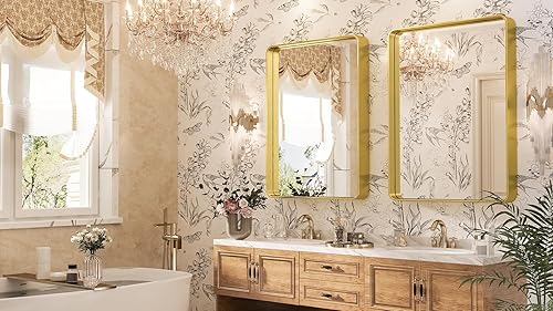 Miniatura 9 de Suidia Espejo de baño, 24 x 32 pulgadas, montado en la pared, esquinas redondeadas cepilladas, marco de metal, espejo rectangular de tocador de