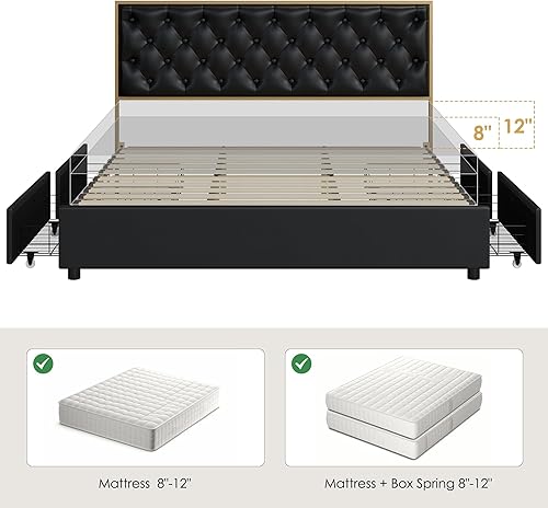 Miniatura 6 de HIFIT Marco de cama matrimonial con 4 cajones de almacenamiento marco de cama tapizado de tamaño matrimonial con cabecera copetuda hecha a mano base