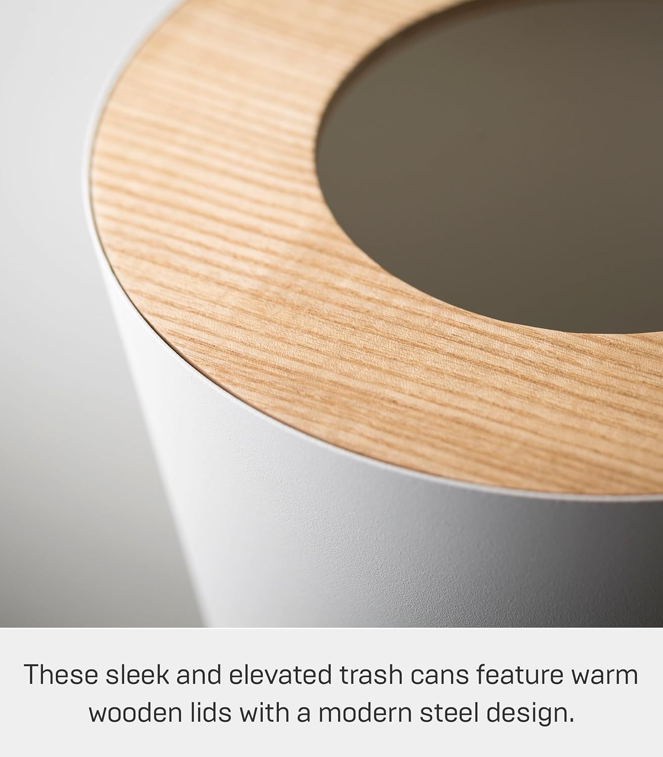YAMAZAKI Home Rin Trash Can - Small Modern Home Wastebasket for Bathroom Kitchen Office - Steel + Wood