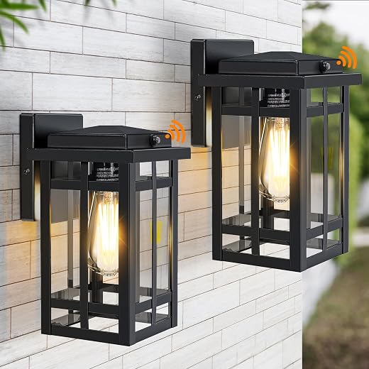2 Packs Dusk to Dawn Outdoor Wall Lighting 9.76'', Exterior Light Fixture Wall Mount for House Front Porch Light, Black Anti-Rust Modern Outdoor Wall Lantern with Tempered Glass Shade for Garage