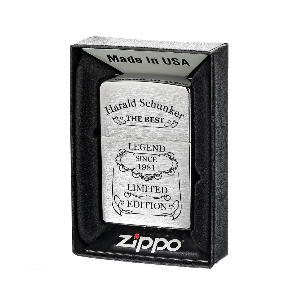 Zippo Accendino a benzina spazzolato con confezione regalo, con incisione motivo Legend