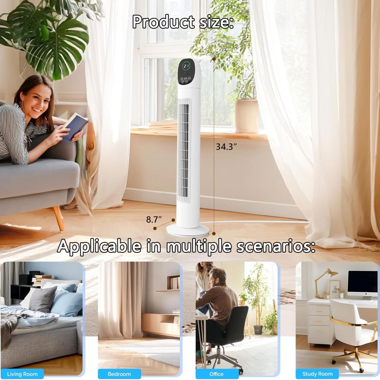 Ventilatore a Torre per Camera da Letto, Ventilatore di Raffreddamento oscillante a 3 velocità con Timer, circolatore d'Aria Silenzioso per Soggiorno, Ventilatore Verticale Portatile con Base Stabile