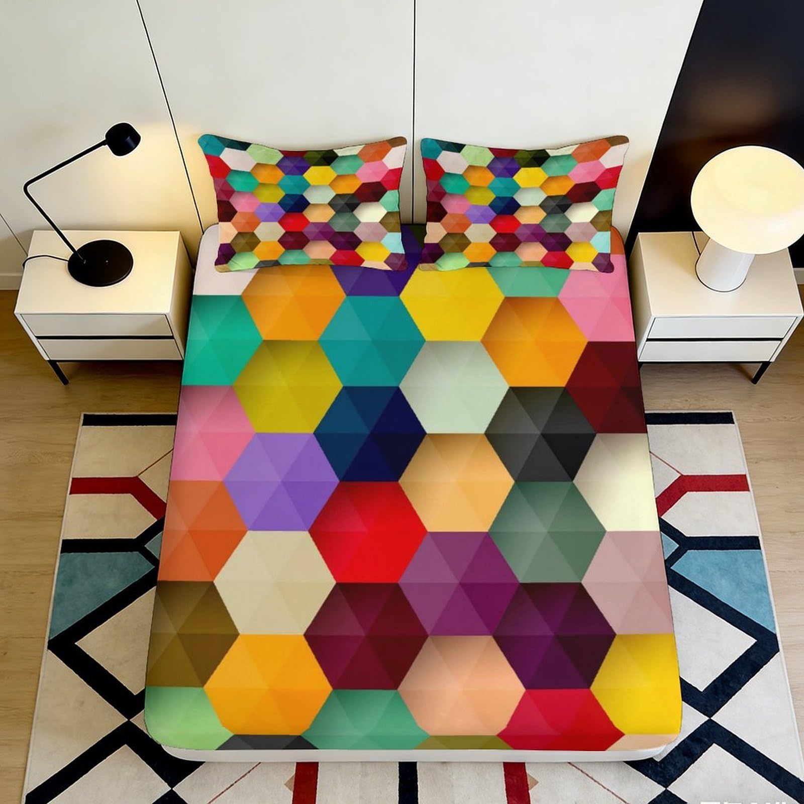 3D Printed Colorful Hexagon Pattern Fitted Sheet Microfiber Soft Durable Vibrant Geometric Bed Cover for Bedroom Dormitory Guest Room Mattress Protection 120x200x25cm