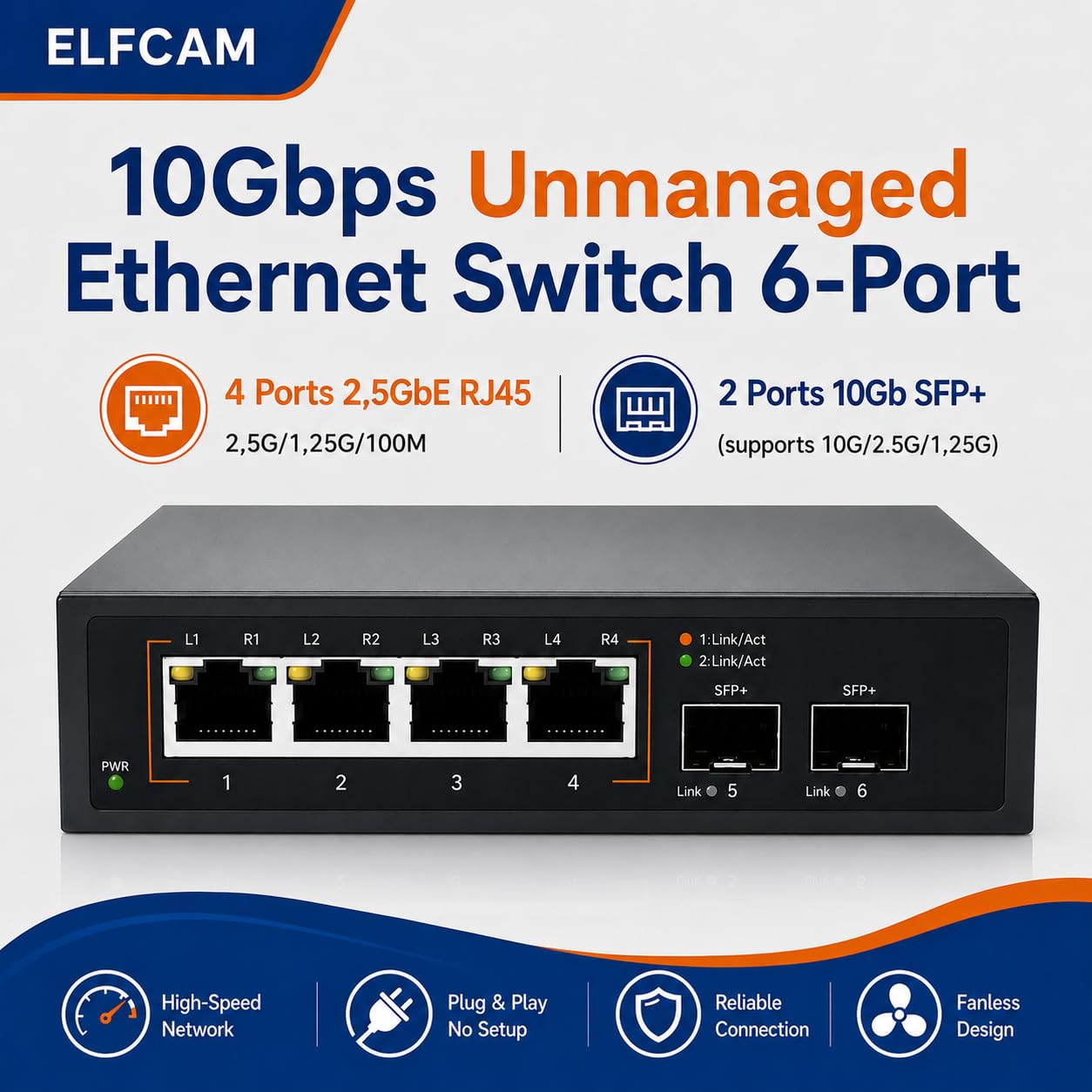 Elfcam® - 10Gb Commutateur Switch Fibre Optique Compatible avec Freebox Ultra et Orange Livebox 6, avec 2 Ports 10G SFP+ et 4 Ports 2,5 Gigabit Ethernet RJ45, Rallonge Votre Réseau 10Go