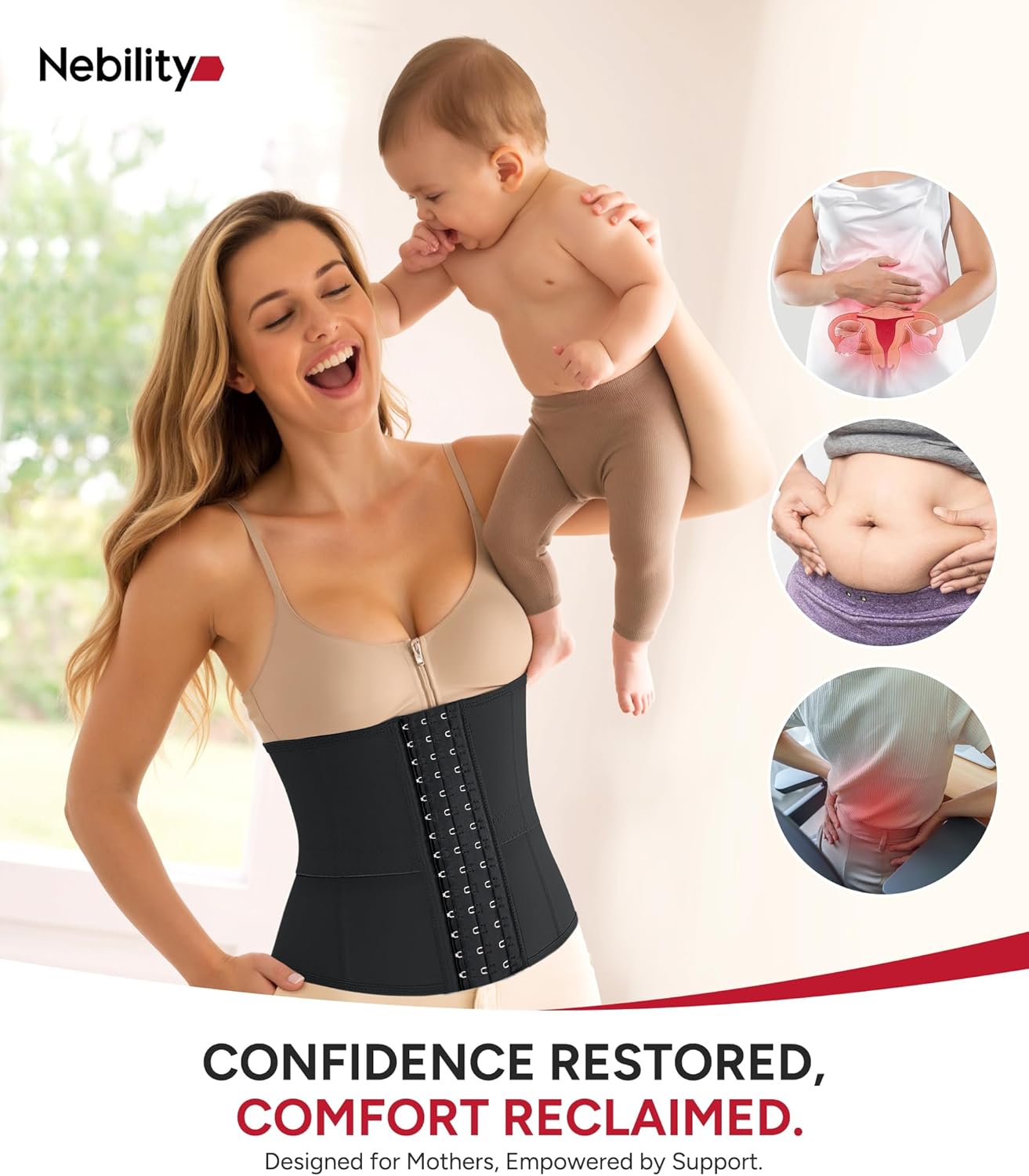 Nebility Waist Trainer for Women Corset Shapewear Tummy Control Body Shaper Girdle Waist Cincher Postpartum Belly Band(Medium, Black) - Image 5