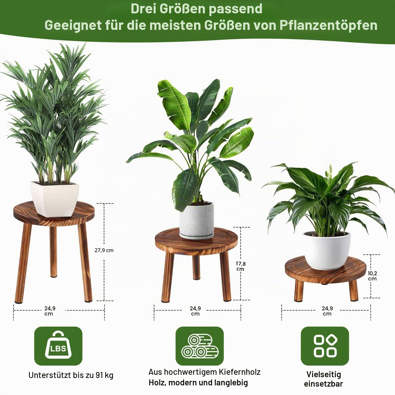Blumenhocker Holz 3er-Set, 4"/7"/11" Höhe Blumenständer Pflanzenständer für Verschiedene Topfgrößen, Hocker Fußschemel Modernes Regal für Balkon Garten Wohnzimmer Deko Büro