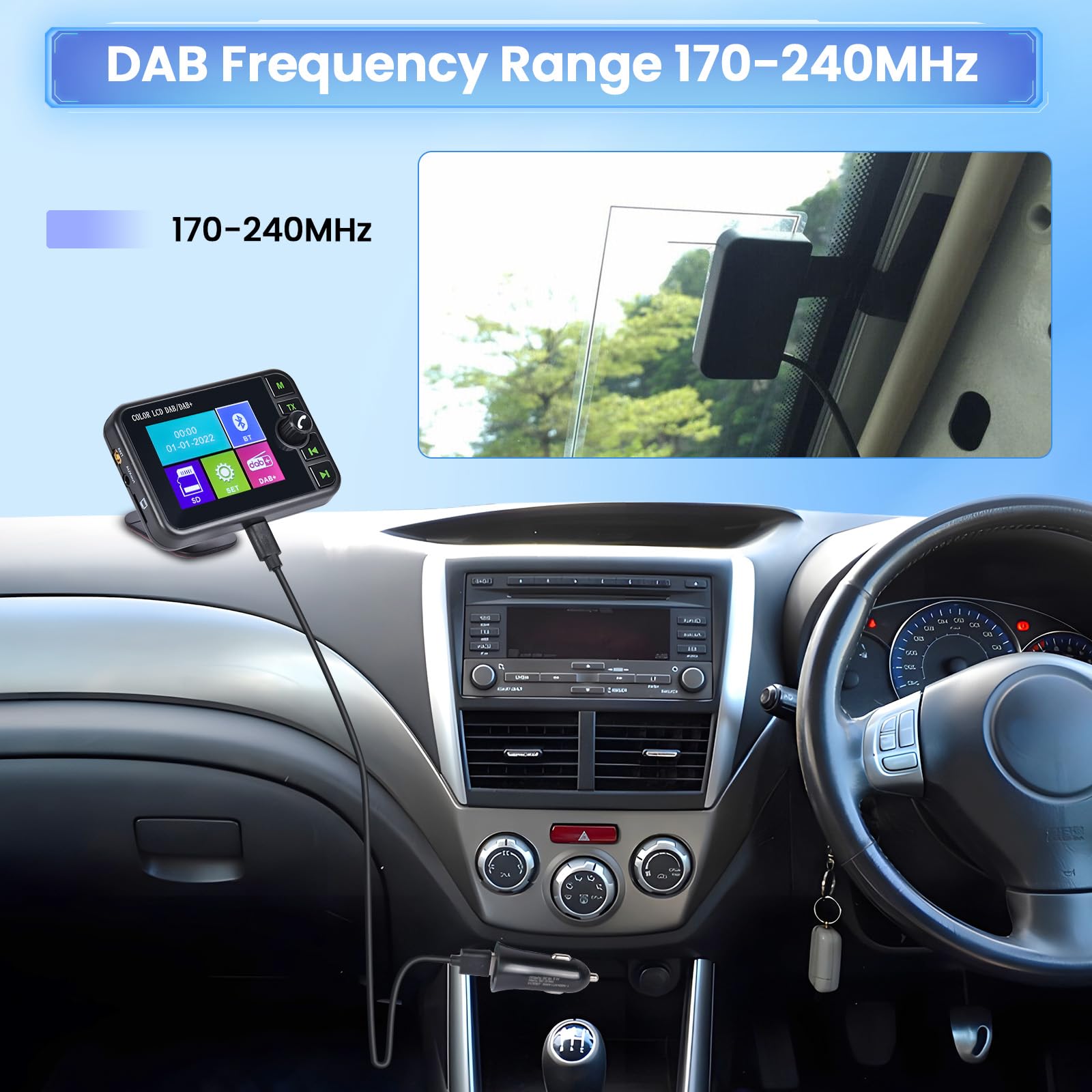 Inefala Dab Dab+ Adaptateur pour Autoradio Écran LCD Coloré de 2,4 Pouces avec Mains Libres Bluetooth, Transmetteur Dab, Transmetteur FM, AUX in/Out, TF Card Music Play, Chargeur de Voiture