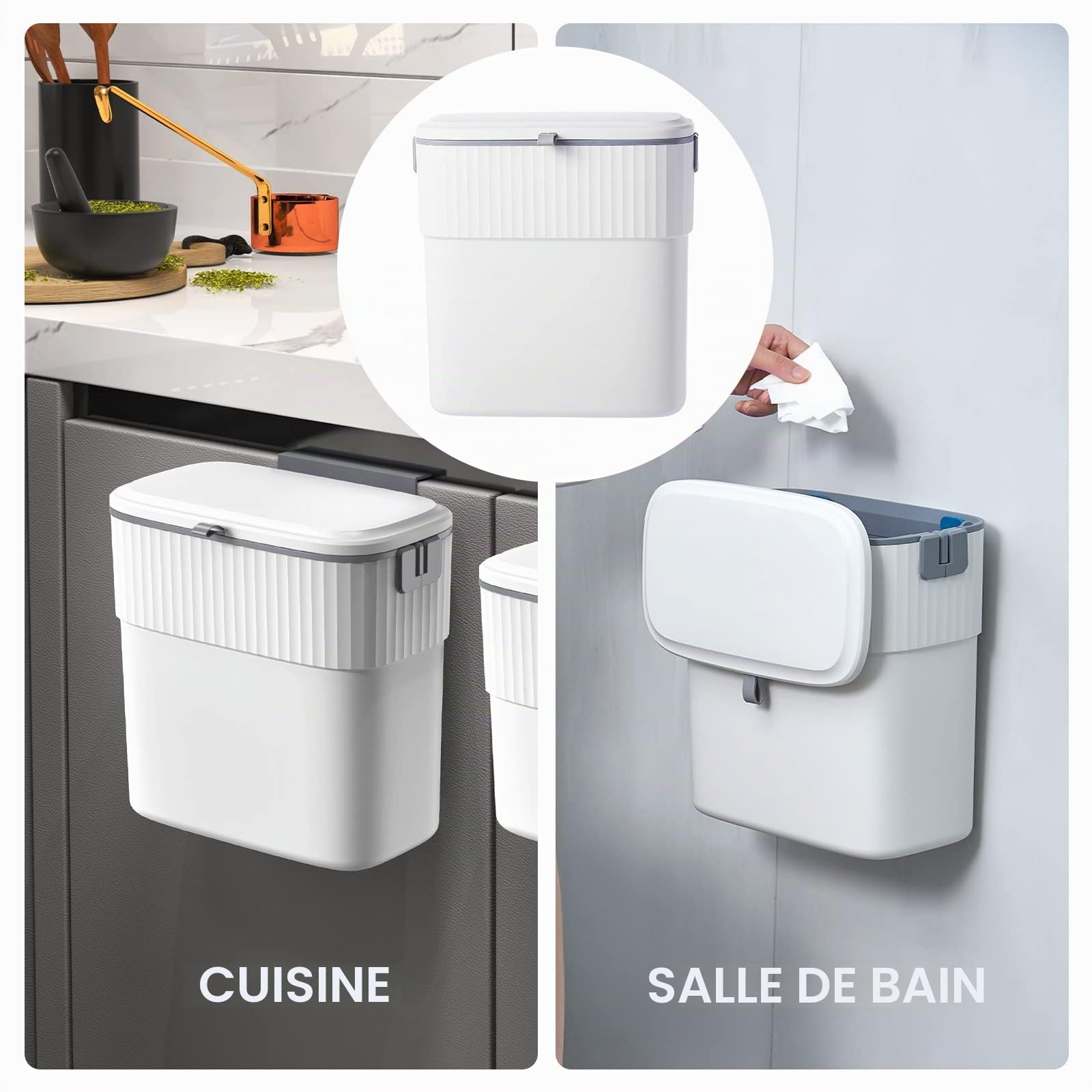 ELPHECO Poubelle à Suspendre Avec Couvercle - Compost de Cuisine Pour Dessous d'Évier, Murale en Plastique, Petite Poubelle Avec Couvercle Pour Placard