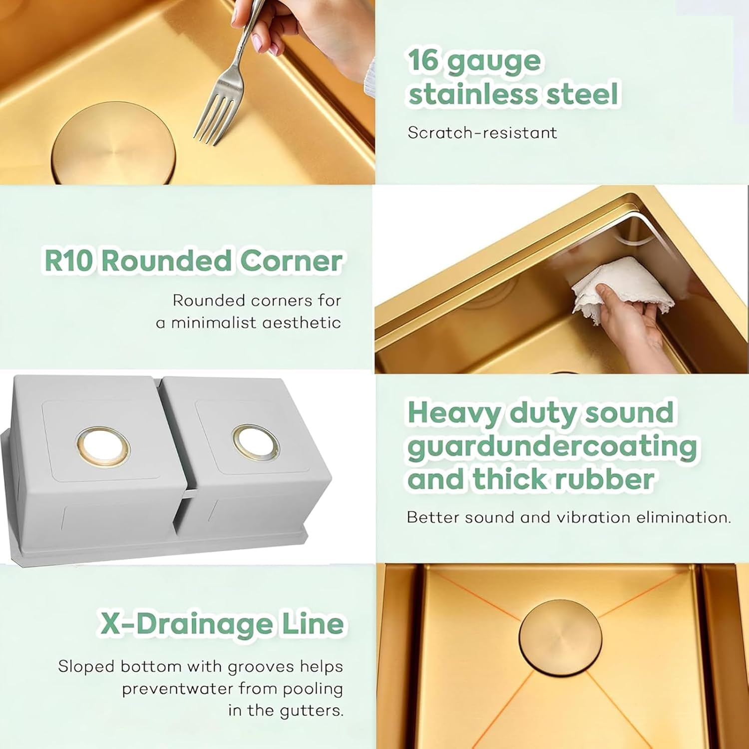 Gold Undermount Double Kitchen Sink, 16 Gauge SUS304 Stainless Steel Kitchen Sinks,50/50 Features All In One Workstation Sinks with Accessories, 30"x 18" x 10" Large and Deep Gold Double Sink