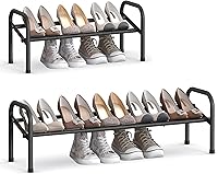 SONGMICS Expandable Metal Shoe Rack, 1-Tier Adjustable Organizer for 10 Pairs, Free-Standing Shelf for Entryway Closet, Ink Black Easy Assembly