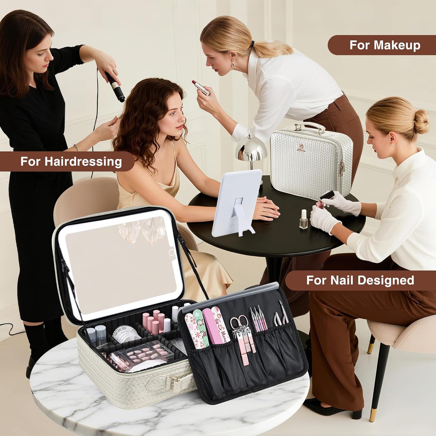 Faquenc Makeup Bag with LED Lighted Mirror 12.2 IN Travel Makeup Bag Adjustable Brightness in 3 Colors Cosmetic Organizer Artist Storage Bag with Dividers Brush Holder Bag Vanity Beige - Image 2