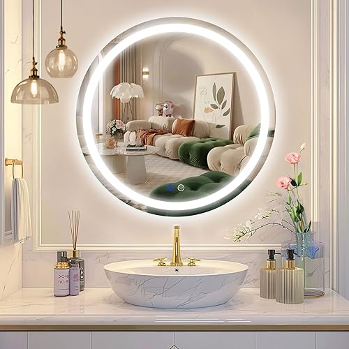 Beelux Espejo de baño LED redondo de 24 pulgadas con luces, espejo de tocador de baño iluminado para pared, antiniebla, regulable, función de