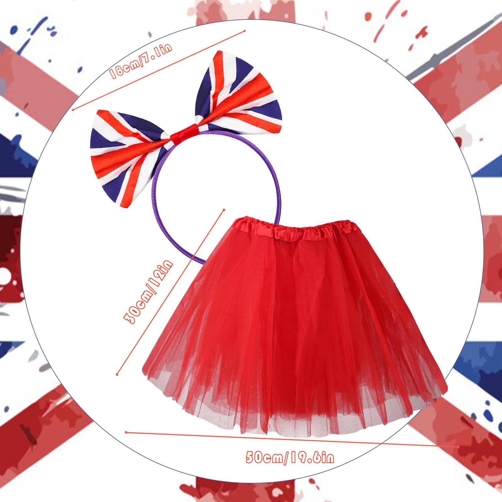 KMLGY 2Pcs Union Jack Costume Set including Union Headband Tutu Skirt for British National Day Royal Event Indoor or Outdoor Street Party (Red) - Image 2