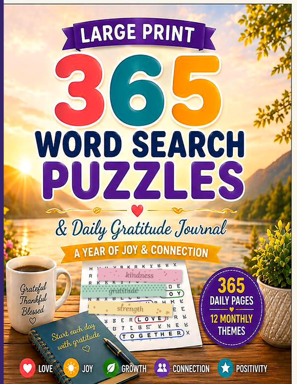 365 Large Print Word Search Puzzles & Daily Gratitude Journal: A Year of Joy, Connection & Mindfulness — 365 Daily Pages with 12 Monthly Themes
