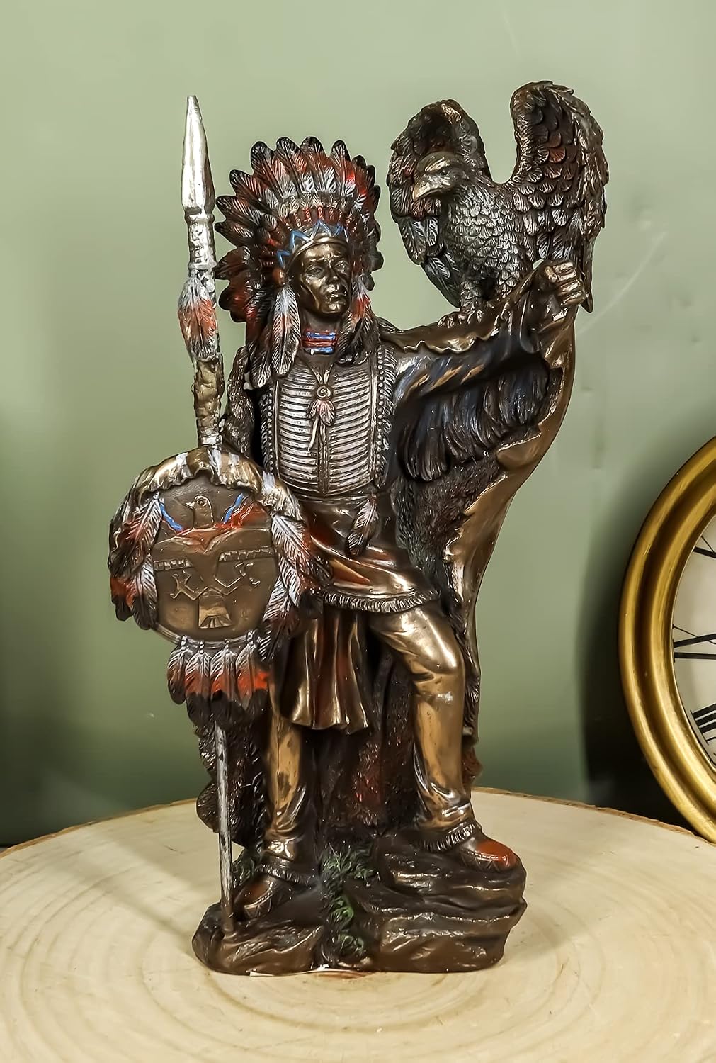 Ebros Native American Indian Tribal Chief Warrior with Roach Headdress Spear Shield and Bald Eagle Scout Bird Statue 8.5" Tall Indians Figurines and Statues Cultural Heritage Home Decor Eagles Totem