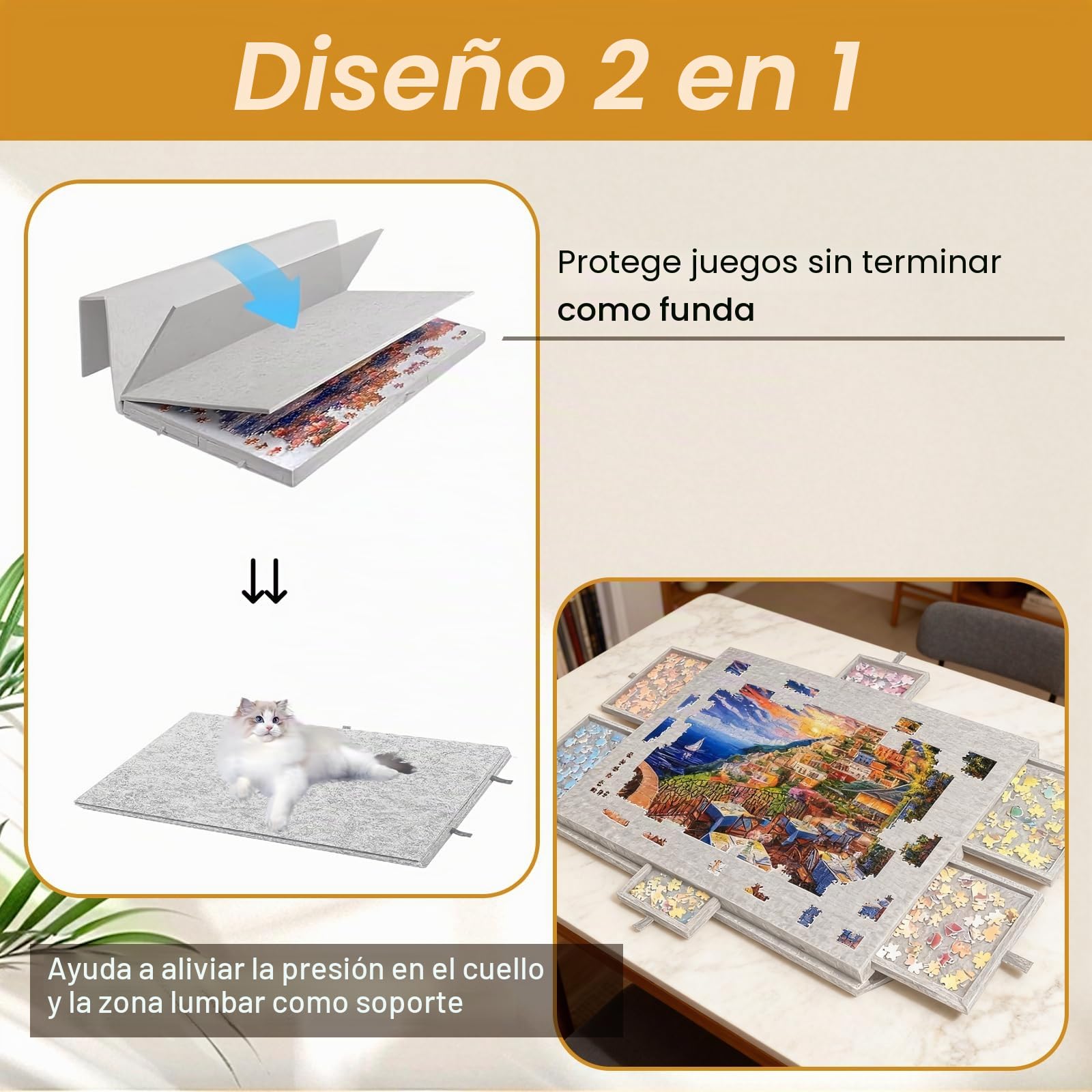 Tablero de Rompecabezas Plegable de 1000 Piezas, Tablero Rígido de Fieltro para Puzzle con Cubierta y Cajones de Clasificación, Portátil Mesa Puzzles, Gris Claro