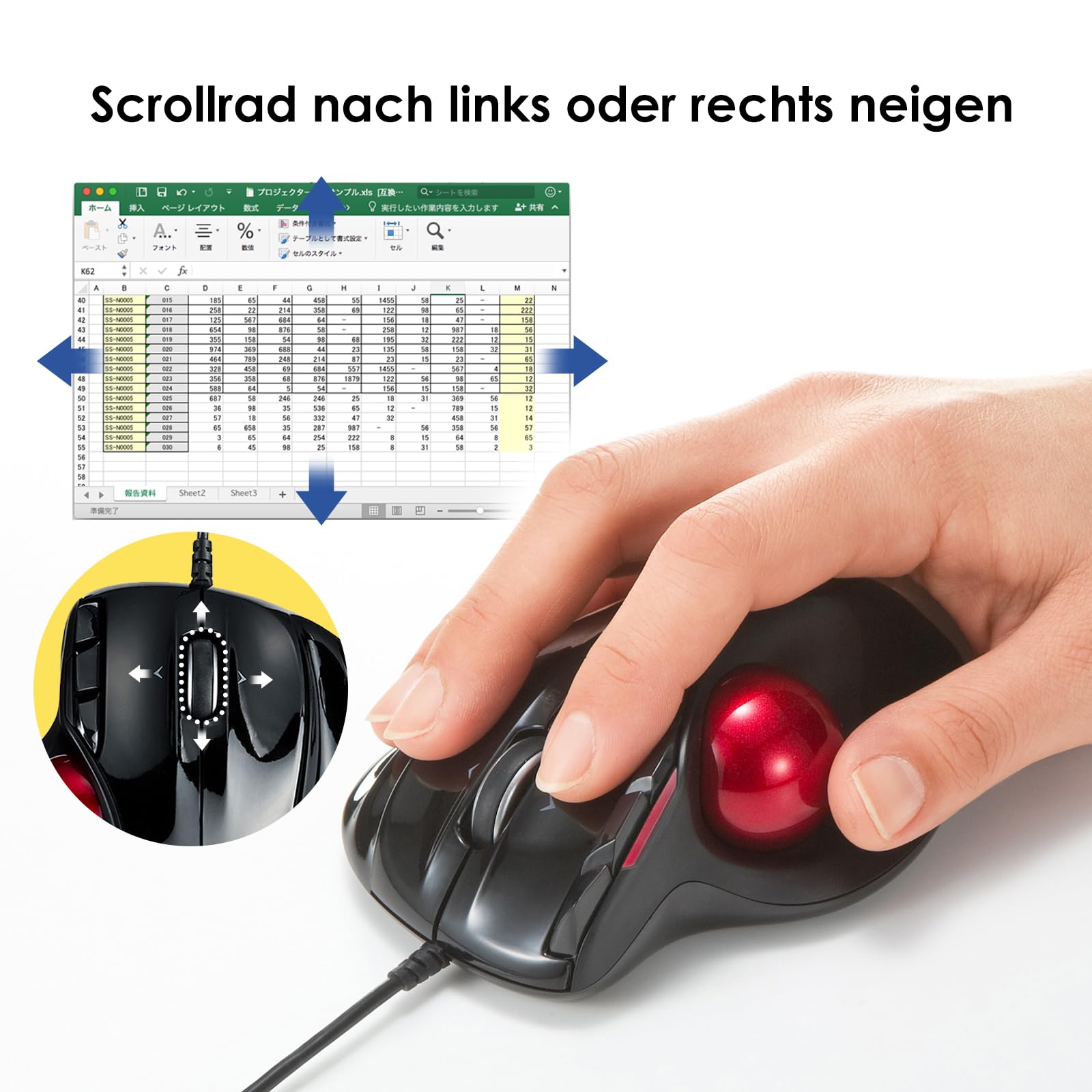 SANWA Trackball Maus mit Kabel, 4 Wege Scrollfunktion, 6 Programmierbare Tasten, Kabelgebundener Roller Ball Maus, 400-1600 DPI, Fingerauflage, Vorbeugung RSI, Kompatibel mit Winows, Mac, PC, Schwarz