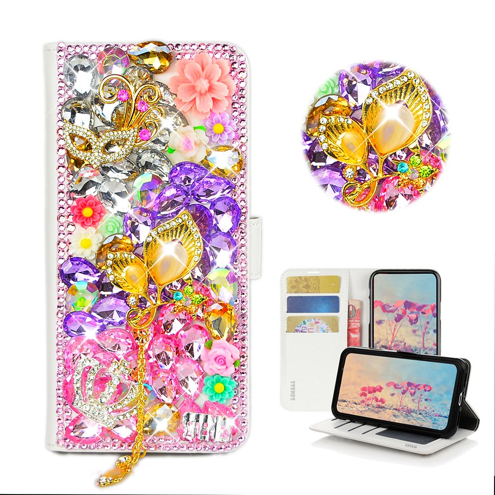 STENES Bling Wallet Case Compatible with Galaxy J8 - Stylish - 3D Handmade Mask Leaf Pendant Crown Flowers Magnetic Wallet Leather Cover Compatible with Samsung Galaxy J8 6.0 Inch (2018) - Pink