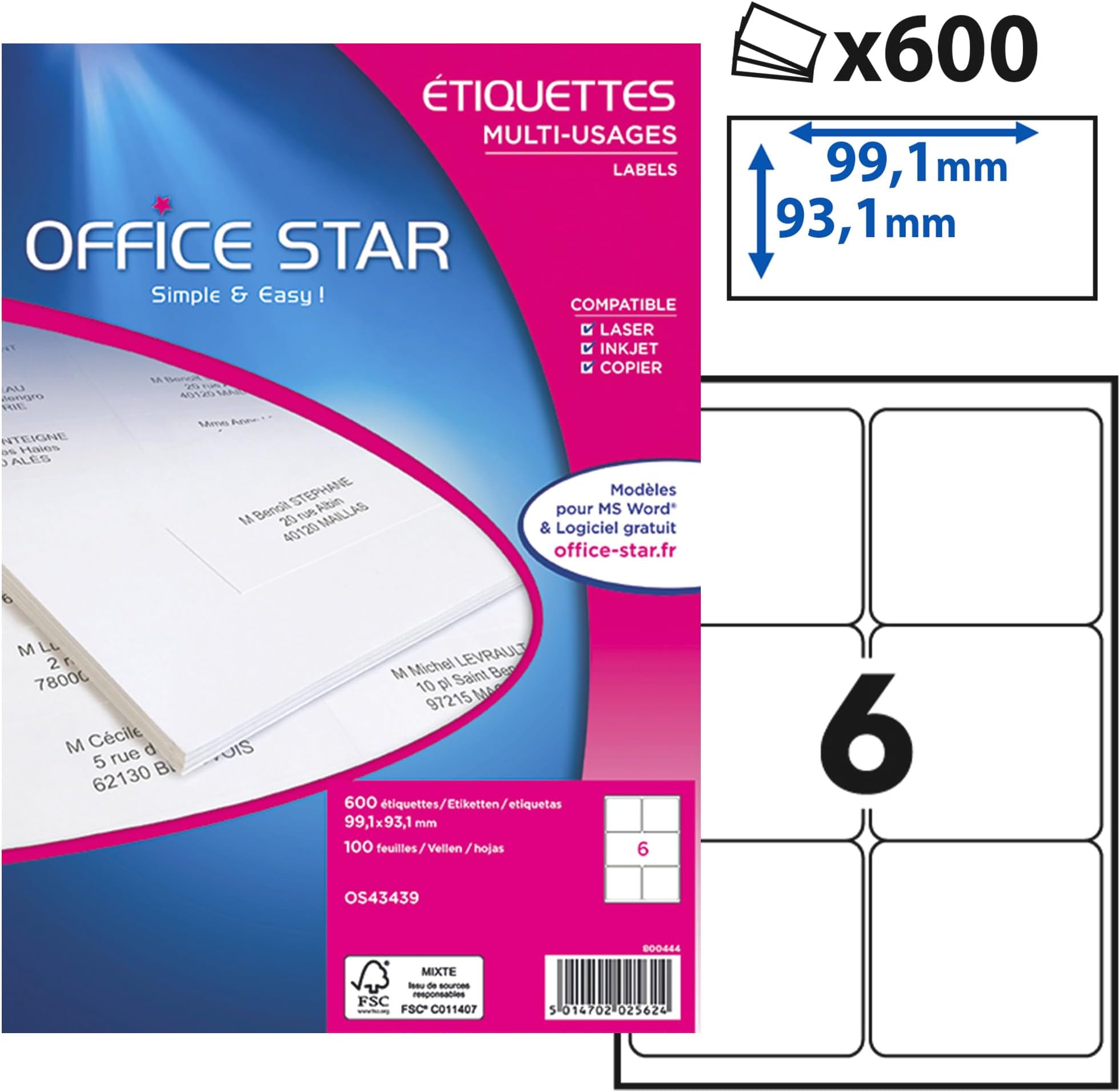500 Étiquettes Autocollantes Imprimables A4 - 105x57mm - Pour Laser Et Jet D'Encre - Surface Écrivable