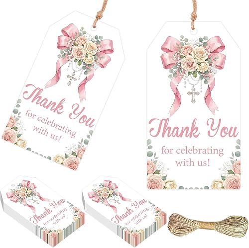 Serencatcher Pink Bow Pearl Baptism Thank You Tags with String, 50pcs 1.9×3.5in 