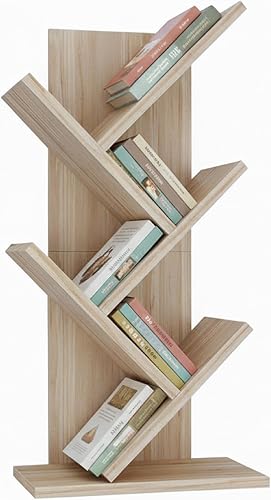 Baroni Home Librería de árbol Que Ahorra Espacio con 4 estantes, estantería Vertical de Suelo para salón, Estudio y Dormitorio, 18 x 30 x 60 cm, Natural
