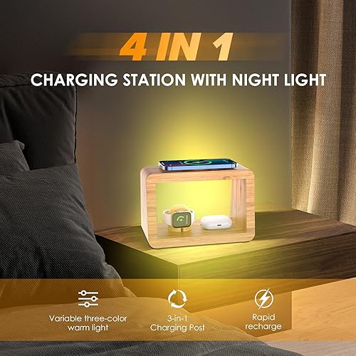 Miniatura 2 de Estación de carga inalámbrica de bambú - Soporte de carga rápida 3 en 1 con luces nocturnas para iPhone 14131211 Pro MaxXXs Max8, AirPods Pro y