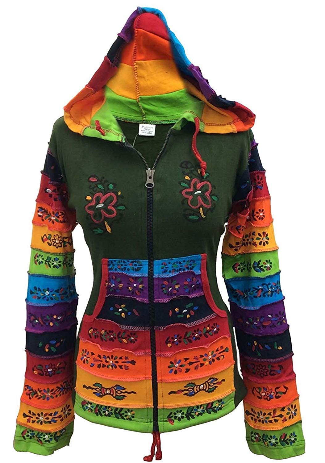 Shopoholic Fashion Women's Green Patchwork Pixie Hood Rainbow Pattern Jacket, Hippy, S