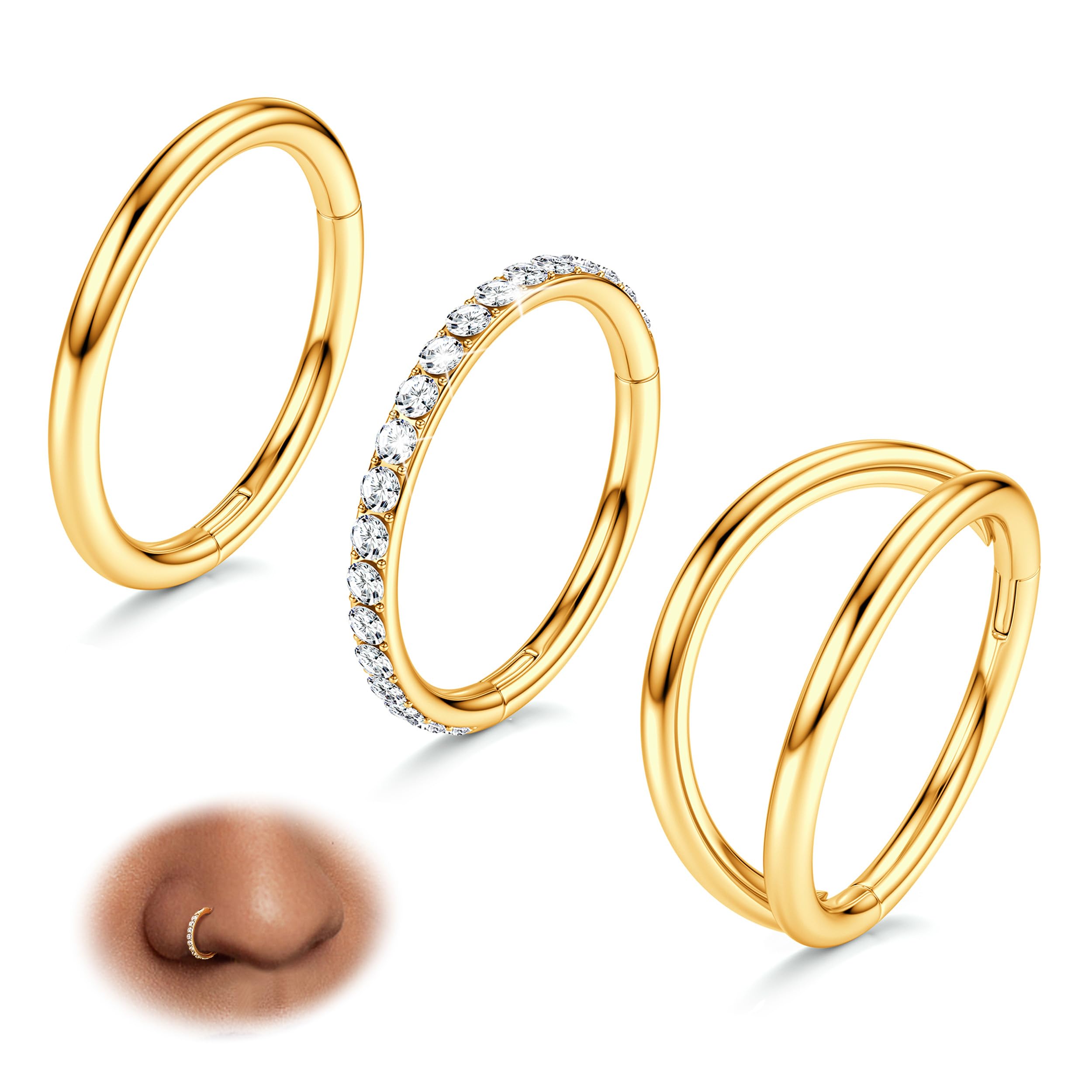 BodyBonita 3pcs Nose Rings Hoops - 316L Surgical Steel Double Hoop Nose Rings 14G/16G/18G/20G Hinged CZ Piercing Jewelry Septum Clicker Rings Cartilage Earring Helix Rook Tragus Daith 7mm/8mm/9mm/10mmCarbonfree Certified