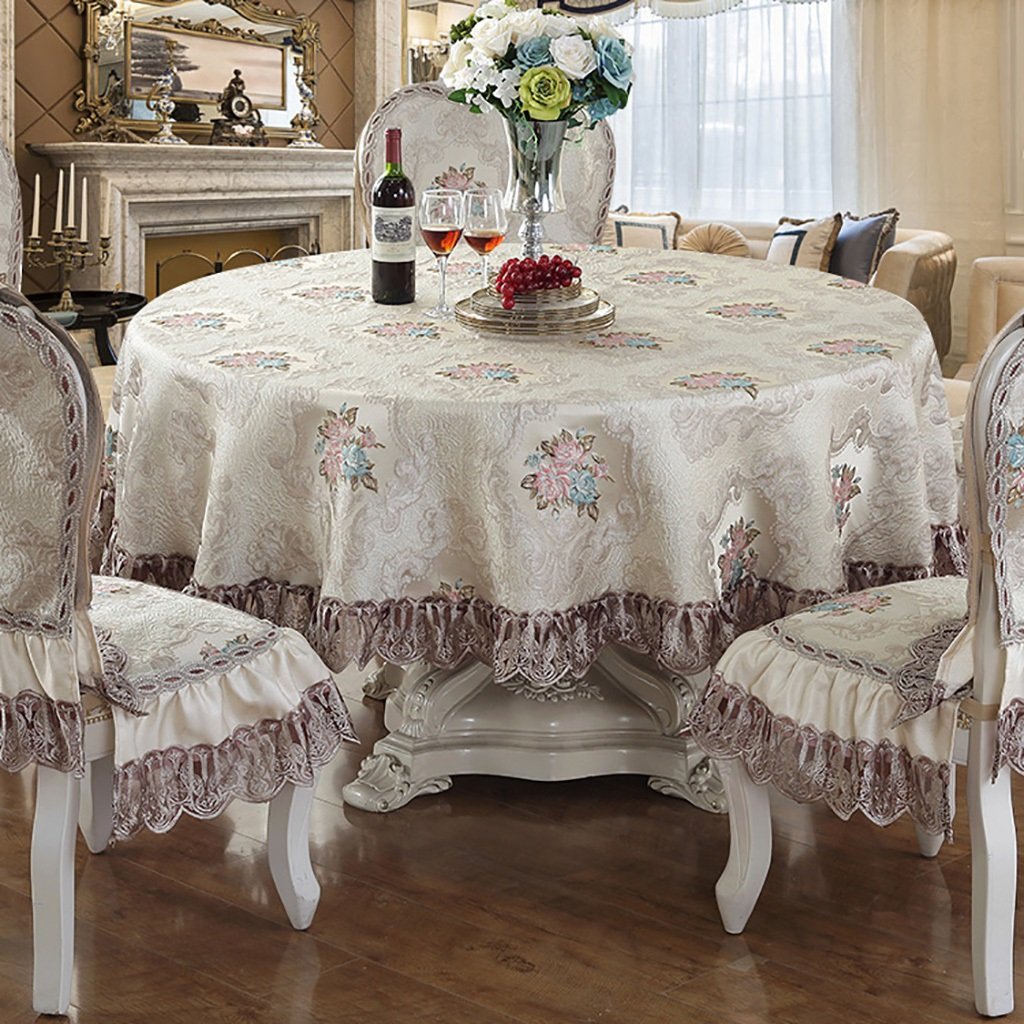 Nappe table ronde tissu beige 180cm avec housse chaise style européen