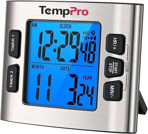 ThermoPro TM02 - Temporizador digital de 24 horas con temporizadores de cocina duales para cocinar, cronómetros, reloj magnético con volumen de