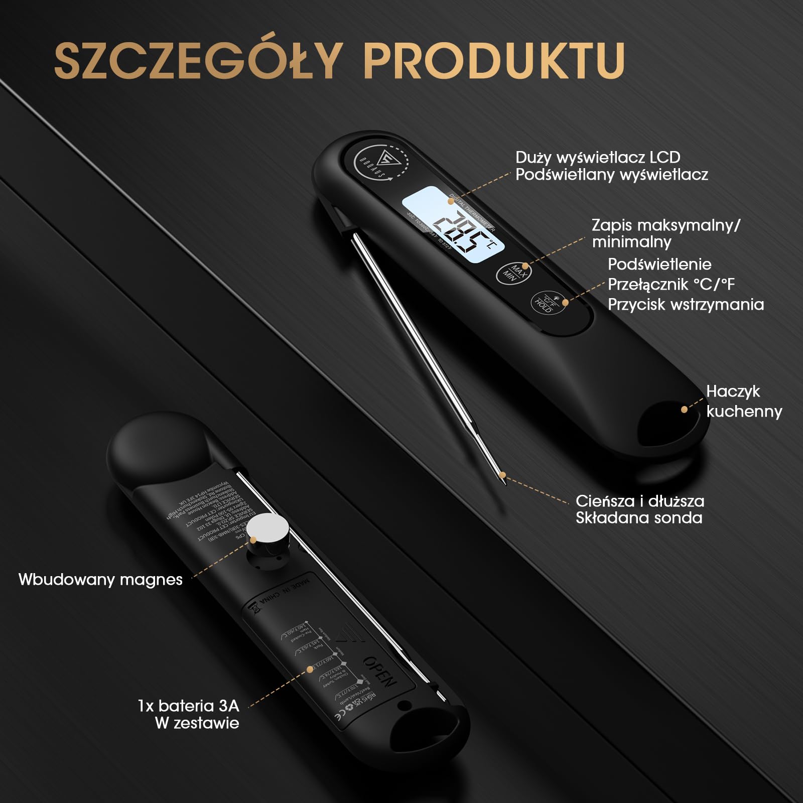 DOQAUS Cyfrowy termometr do mięsa, błyskawiczny termometr do żywności z podświetlanym ekranem LCD, składana długa sonda i automatyczne włączanie/wyłączanie, termometr do grilla, termometr do kuchni, g