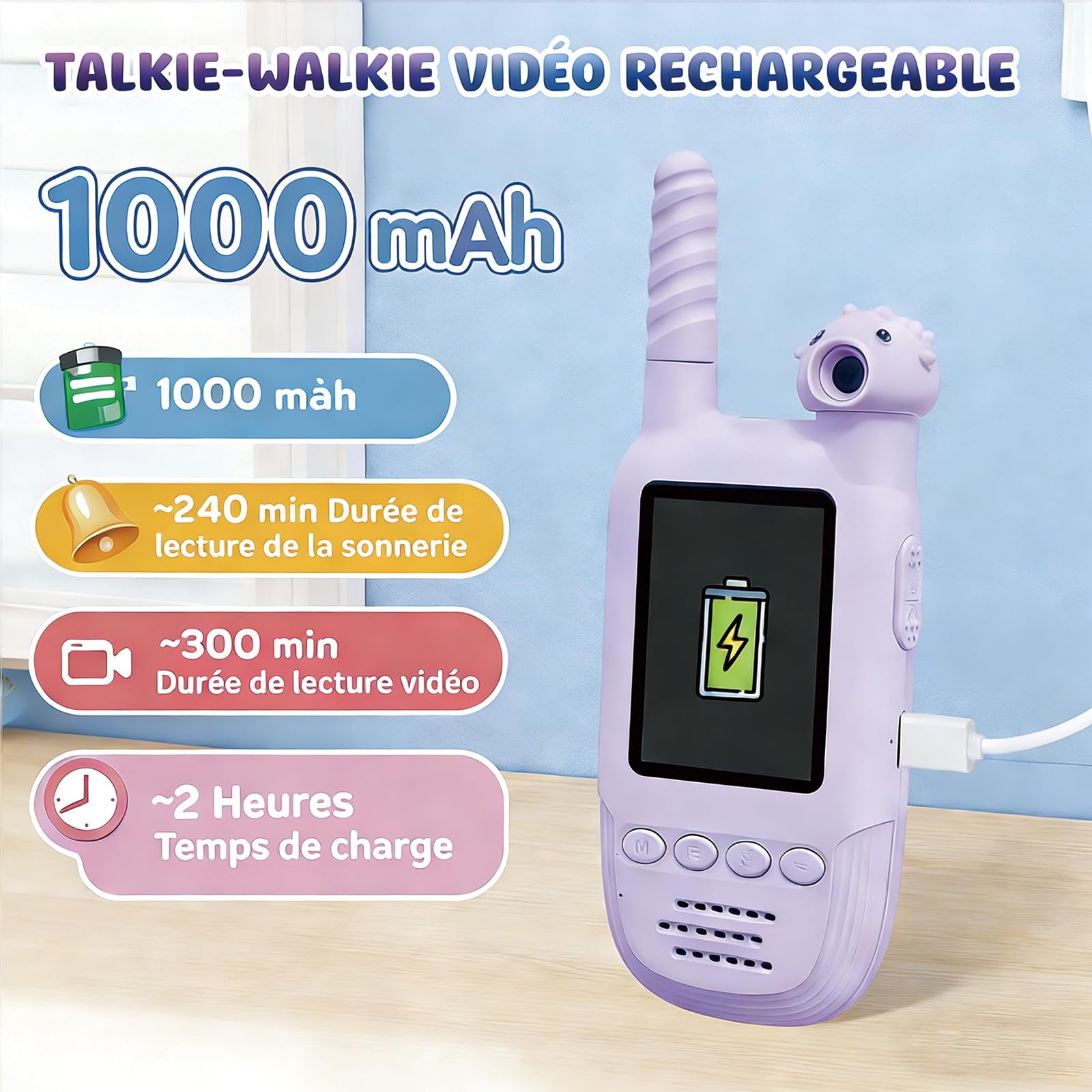 Talkie-Walkie Vidéo pour Enfants 2 Pack, Rechargeable Talkies-Walkies, Caméra Rotative 180°, 6 Effets Vocaux & 10 Sonneries, Idéal Camping Voyage Randonnée, Cadeau Garçons Filles 3-12 Ans