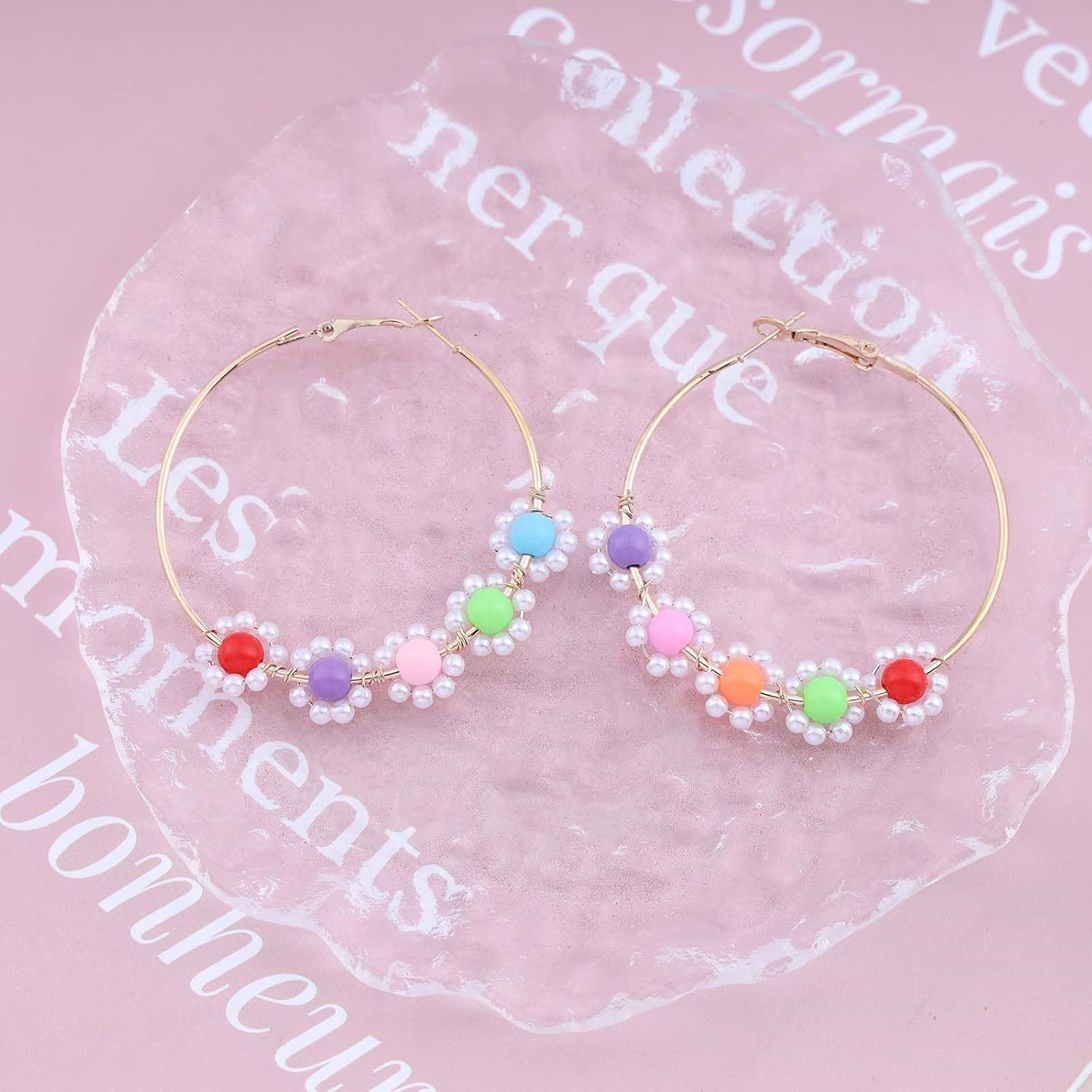 Andelaisi Boho Circle Hoop Earrings Large Hoop Earrings Colorful Bead Circle Huggies Hoop Earrings Rainbow Flower Round Hoop Earrings Jewelry for Women - Image 4