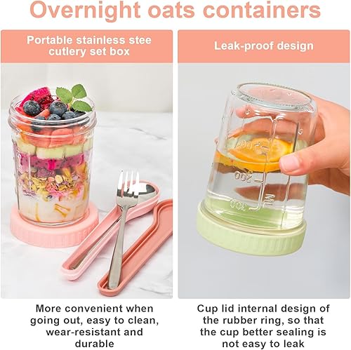 Miniatura 5 de 4 recipientes de avena durante la noche con tapa y cuchara, tarro Mason de 14 onzas de ancho, recipiente reutilizable para preparación de comidas,
