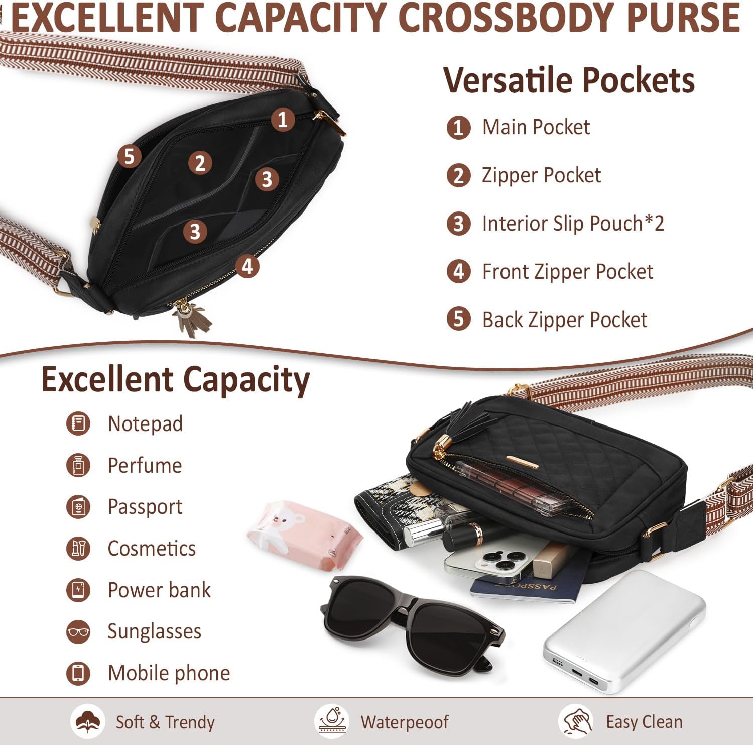 Vegan Leather Crossbody Purses for Women, Quilted Crossbody Bags for Women Travel Shoulder Handbags - Image 4