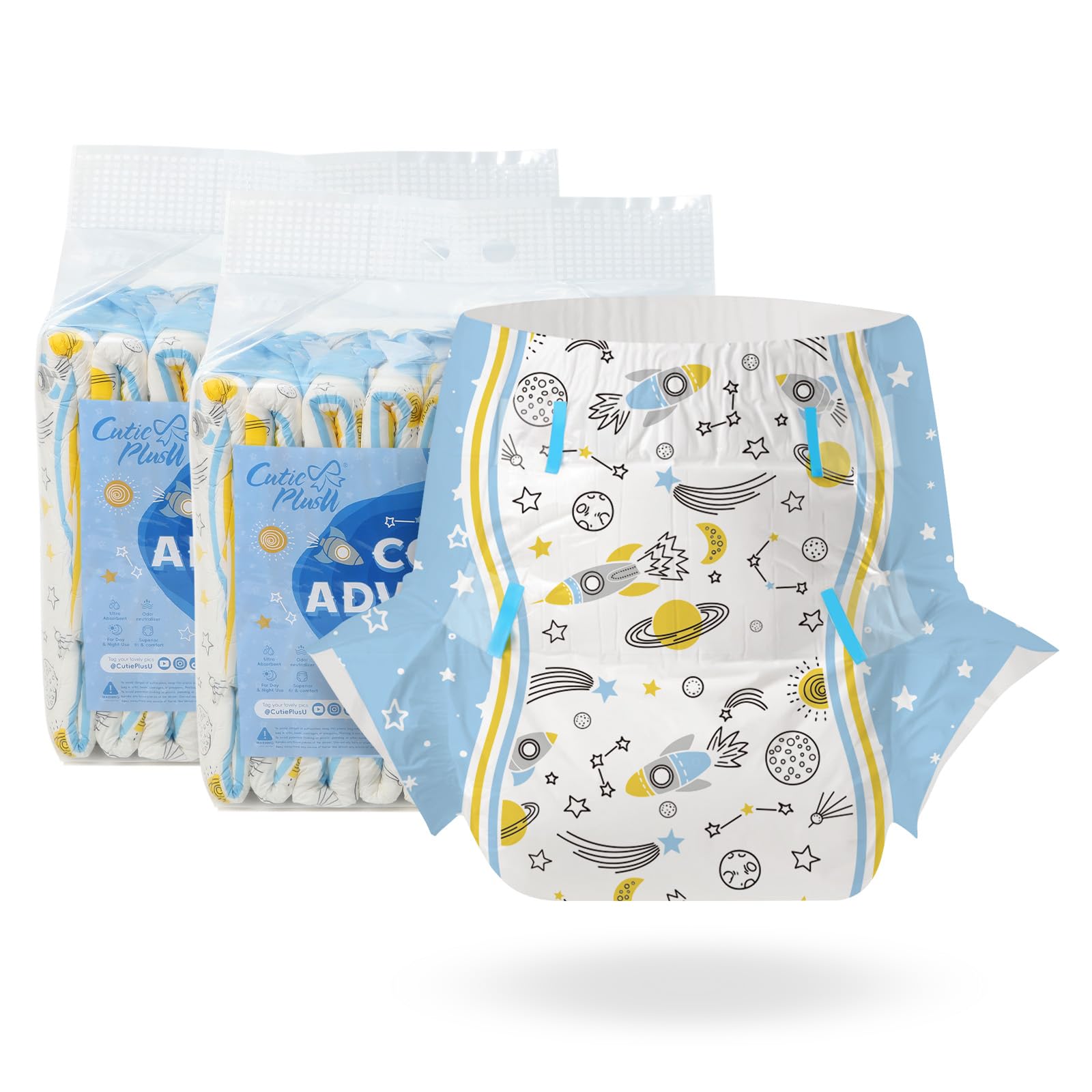 CutiePlusU Pieluchy dla dorosłych, 20 szt., majtki na nietrzymanie moczu z zakładkami, siła ssąca – Cosmic Adventurer (rozmiar 91-112 cm)